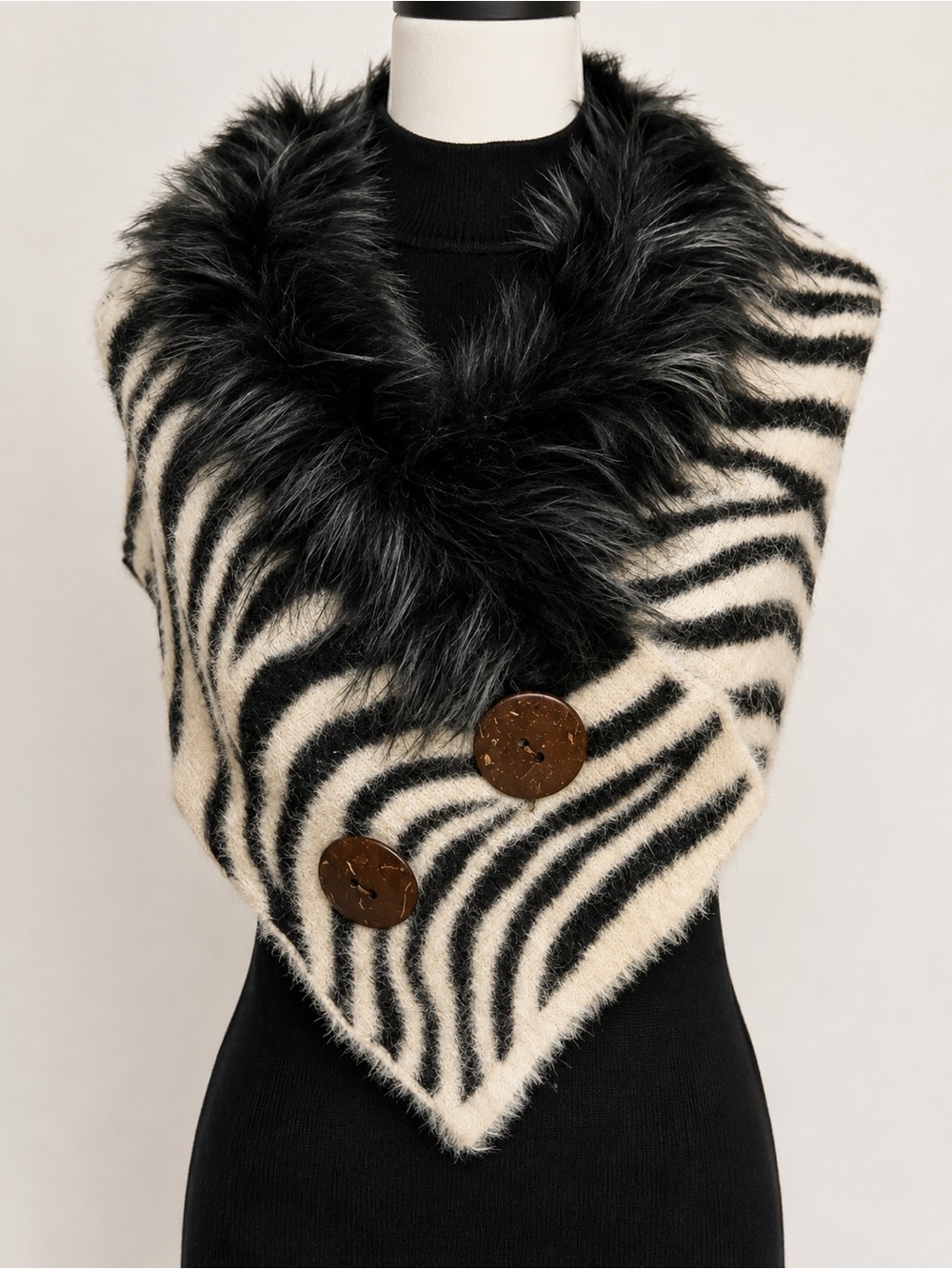 Zebra Pattern Faux Fur Chenille Triangle Tube Scarf with Button Accents
